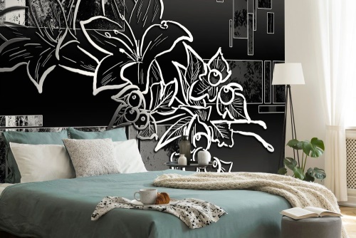 Samolepící tapeta černobílá květinová ilustrace