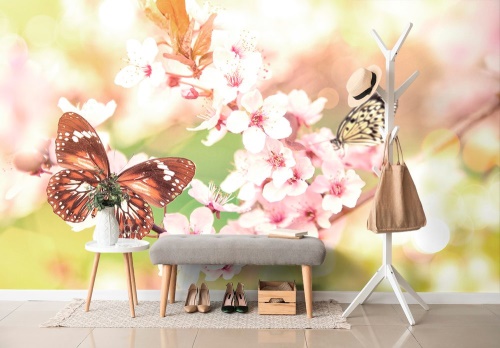 Samolepící tapeta jarní květiny s exotickými motýly