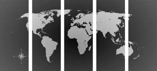 5-dílný obraz mapa světa v odstínech šedi