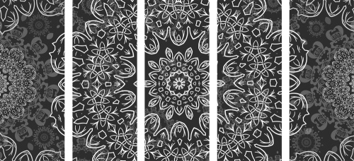 5-dílný obraz Mandala s abstraktním vzorem v černobílém provedení