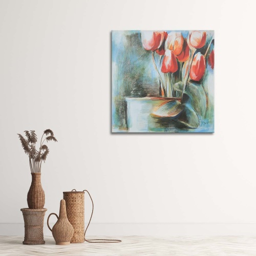 Obraz na plátně Váza s červenými tulipány