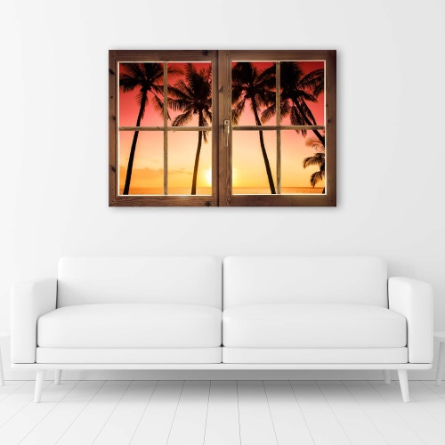Obraz na plátně Palmové stromy okno západu slunce