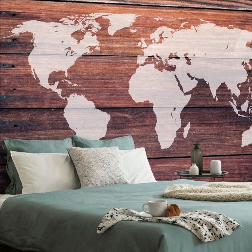 Samolepící tapeta mapa světa s dřevěným pozadím