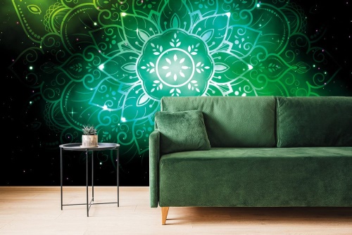 Samolepící tapeta zelená Mandala s galaktickým pozadím