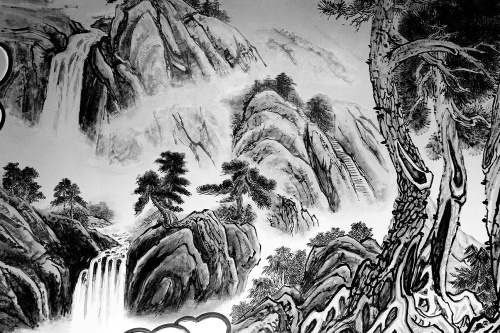Samolepící tapeta čínská černobílá krajinomalba