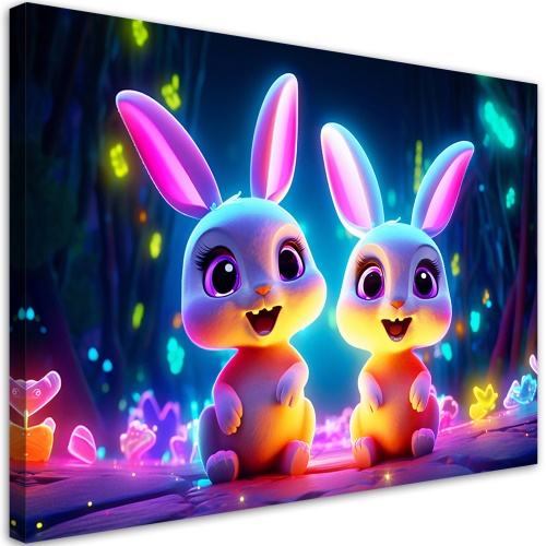 Obraz na plátně, Neonové kreslené králíčky