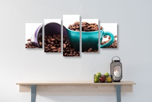 5-dílný obraz šálky s kávovými zrnky