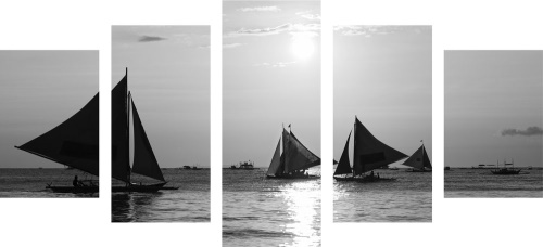 5-dílný obraz nádherný západ slunce na moři v černobílém provedení