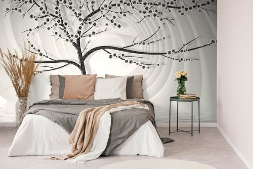 Samolepící tapeta moderní černobílý strom na abstraktním pozadí
