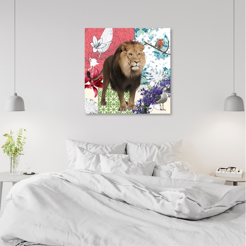 Obraz na plátně, Koláž lva a ptáků