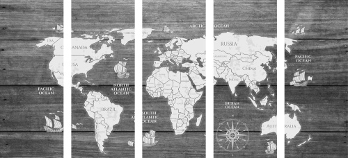 5-dílný obraz černobílá mapa na dřevě