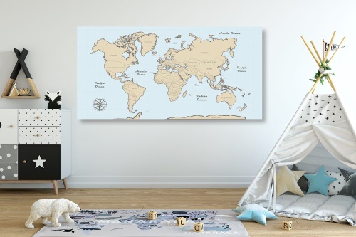 Obraz béžová mapa světa na modrém pozadí