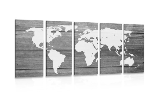 5-dílný obraz černobílá mapa světa s dřevěným pozadím