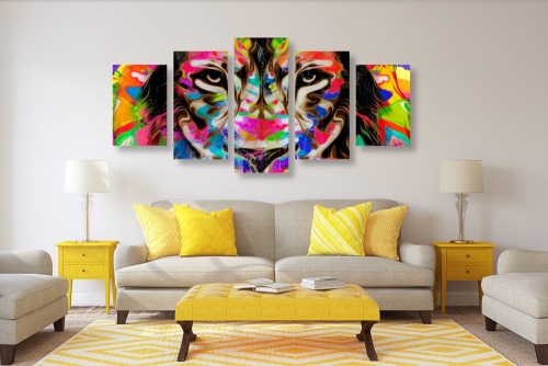 5-dílný obraz barevná hlava lva