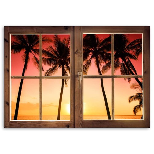 Obraz na plátně Palmové stromy okno západu slunce
