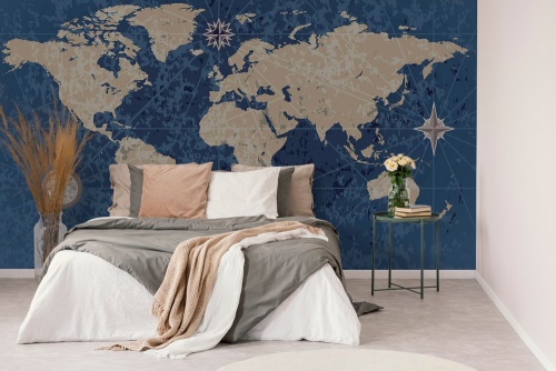 Tapeta retro mapa světa s kompasem na modrém pozadí