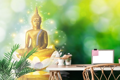 Samolepící tapeta zlatý Buddha na lotosovém květu
