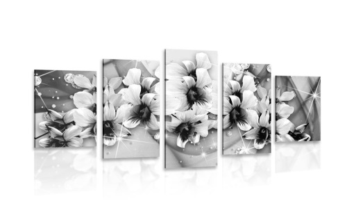 5-dílný obraz černobílé květiny na abstraktním pozadí