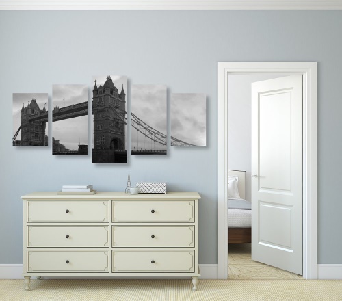 5-dílný obraz Tower Bridge v Londýně v černobílém provedení
