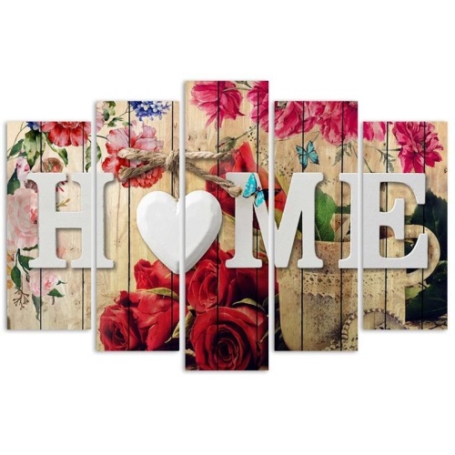 Obraz na plátně pětidílný Nápis Home s květy růží