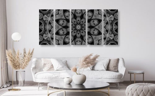 5-dílný obraz hypnotická Mandala v černobílém provedení