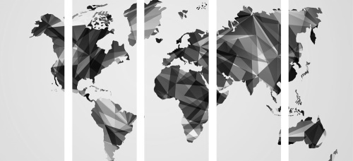 5-dílný obraz mapa světa v designu vektorové grafiky v černobílém provedení
