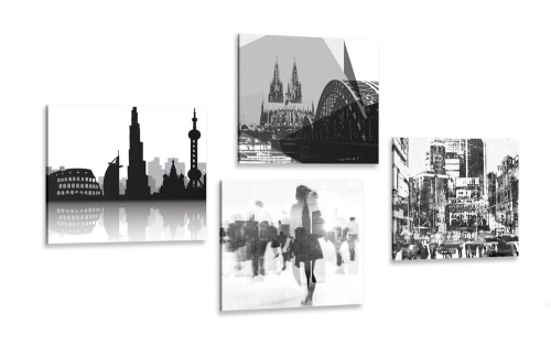 Set obrazů život ve velkoměstě v černobílém provedení s abstraktním nádechem