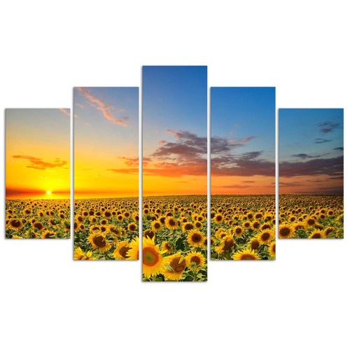 Obraz na plátně pětidílný Západ slunce se slunečnicemi