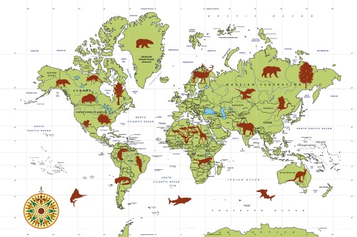 Tapeta mapa světa se zvířaty