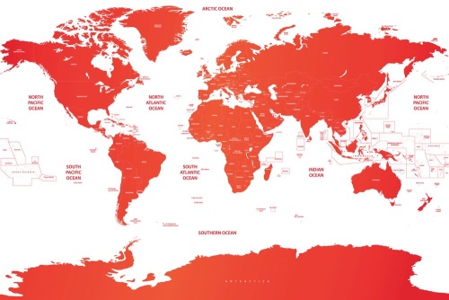 Samolepící tapeta mapa světa s jednotlivými státy v červené barvě