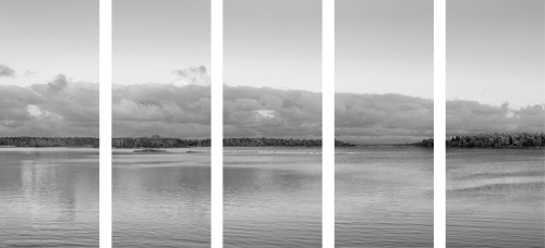 5-dílný obraz jezero a západ slunce v čiernobielom prevedení