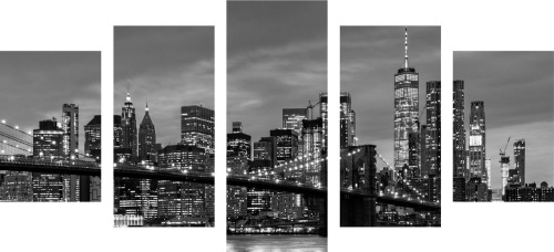 5-dílný obraz okouzlující most v Brooklynu v černobílém provedení