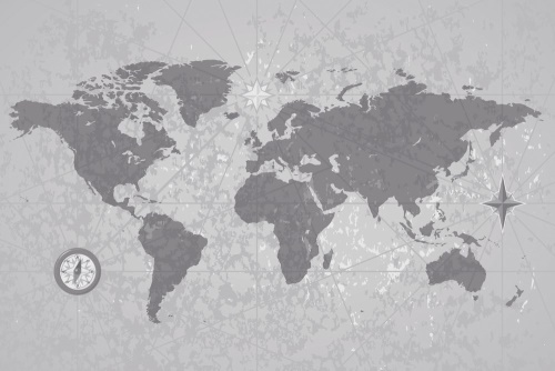 Tapeta retro mapa světa s kompasem černobílá 