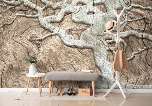 Samolepící tapeta abstraktní strom na dřevě v béžovém