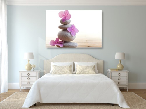 Obraz balanc kamenů a růžové orientální květy