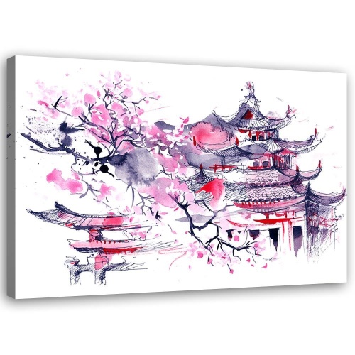 Obraz na plátně, Třešňový strom Japonsko Malovaná pagoda
