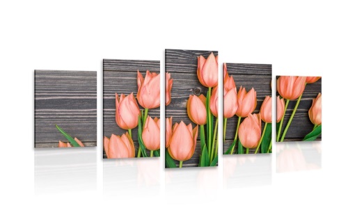 5-dílný obraz okouzlující oranžové tulipány na dřevěném podkladu