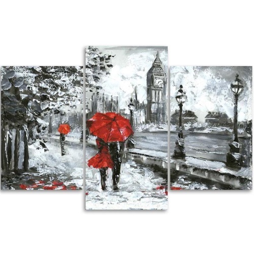Obraz na plátně třídílný London Walking Červená černobílá