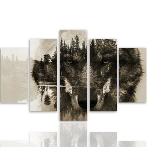 Obraz na plátně pětidílný Vlk SALONOU na pozadí přírodního lesa