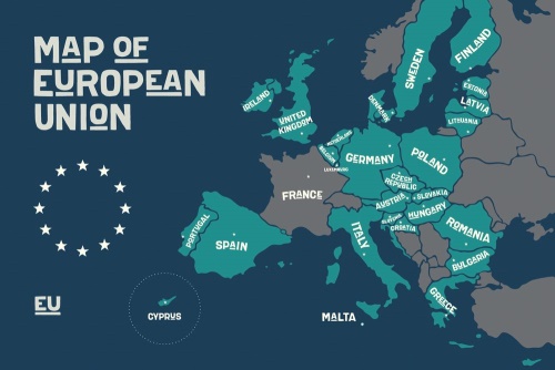 Tapeta naučná mapa s názvy zemí Evropy